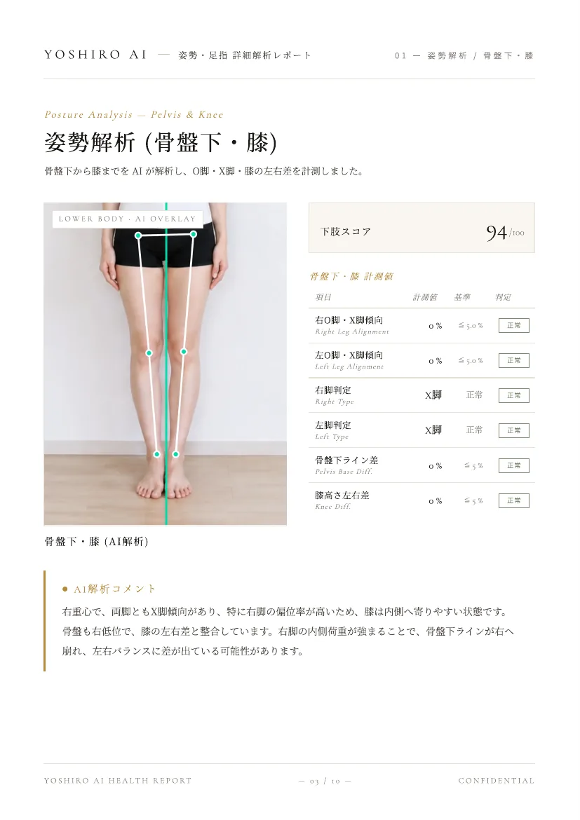 YOSHIRO AI 詳細分析レポート 姿勢分析（骨盤下・膝）のページ
